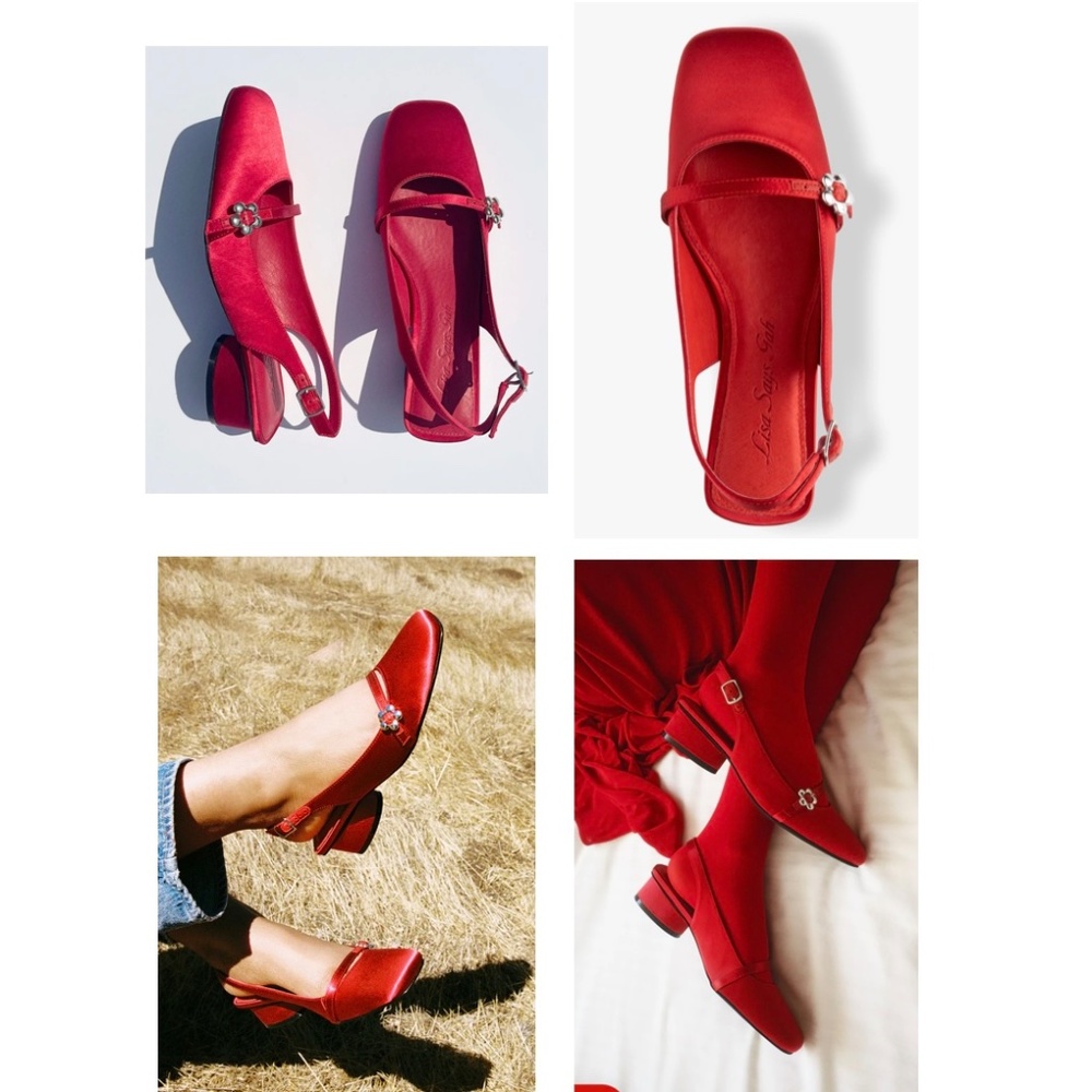 Lisa Says Gah mackie heels. Red Satin Slingback Mules with Flower Buckle